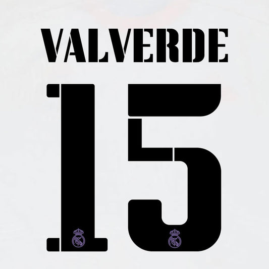 22 23 AVERY DENNISON REAL MADRID VALVERDE 15 HOME BLACK PLAYER SIZE NAMESET