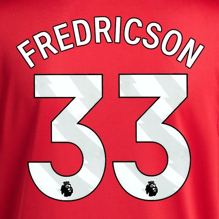 2025 2026 MANCHESTER UNITED FREDRICSON 33 HOME WHITE PLAYER SIZE NAMESET