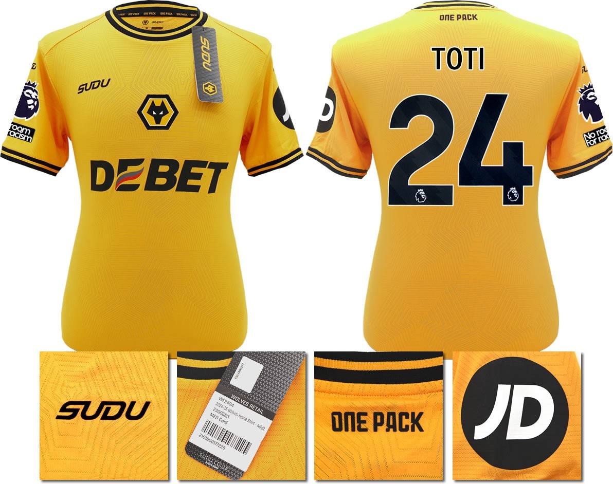BNWT 2024 2025 WOLVES SUDU HOME SHIRT TOTI 24 + PATCHES
