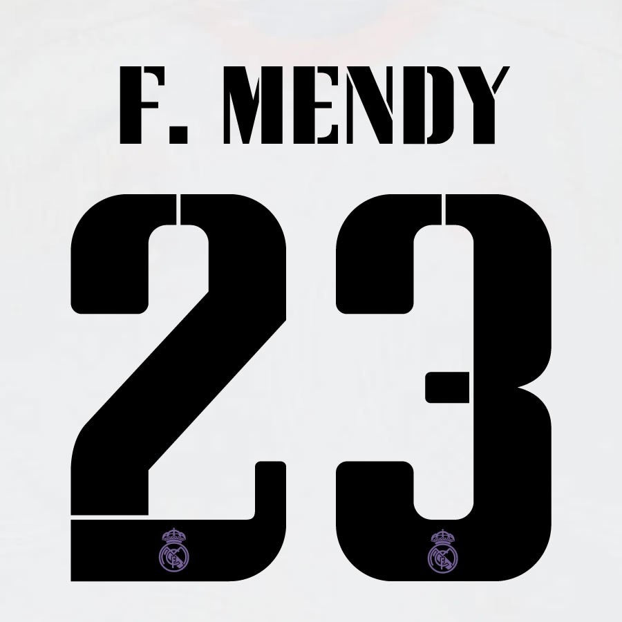 22 23 AVERY DENNISON REAL MADRID F. MENDY 23  HOME BLACK PLAYER SIZE NAMESET
