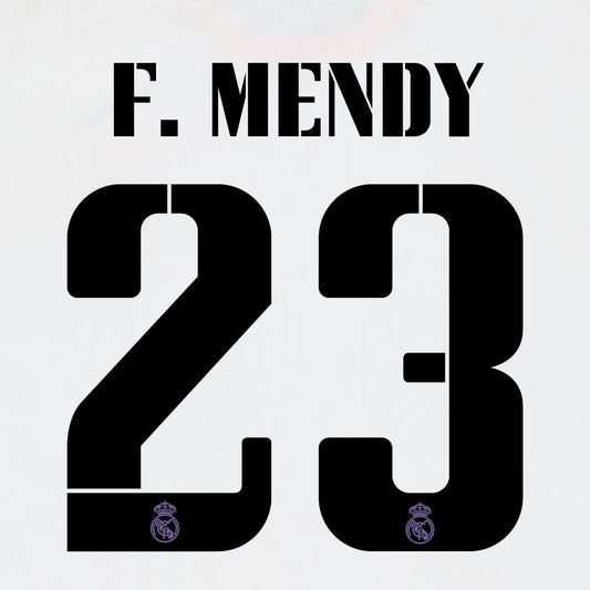 22 23 AVERY DENNISON REAL MADRID F. MENDY 23  HOME BLACK PLAYER SIZE NAMESET