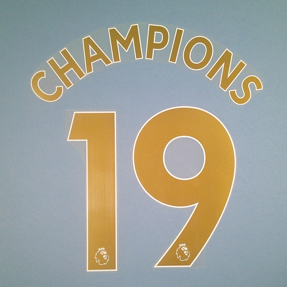 MAN CITY CHAMPIONS 2019 OFFICIAL AVERY DENNISON GOLD PLAYER SIZE NAME SET