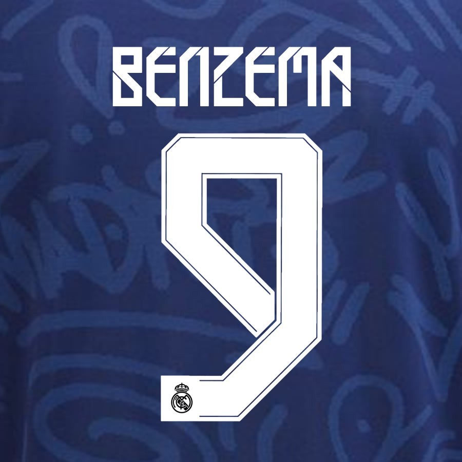 2021 2022 REAL MADRID BENZEMA 9 WHITE AWAY 3RD PLAYER SIZE NAMESET 260MM