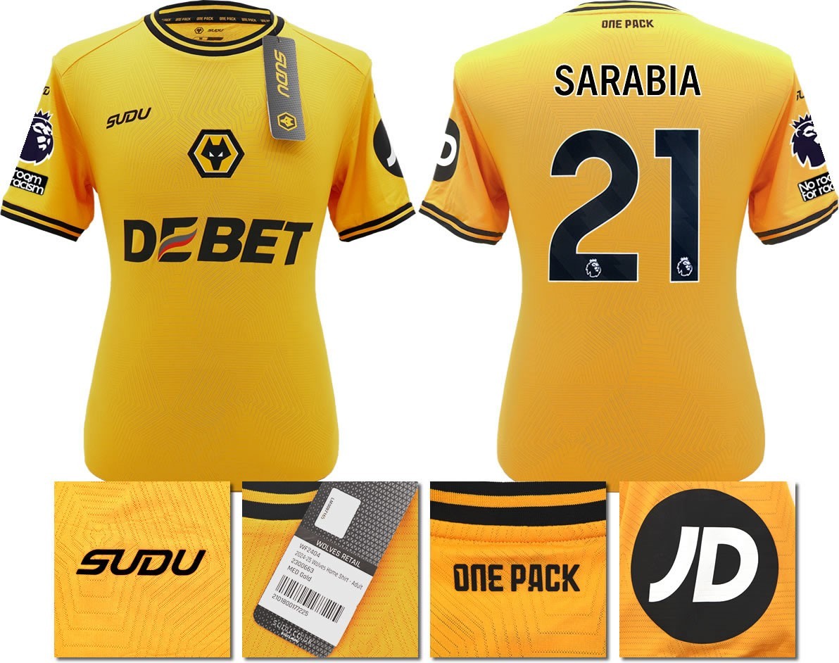 BNWT 2024 2025 WOLVES SUDU HOME SHIRT SARABIA 21 + PATCHES SMALL