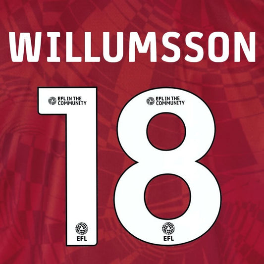 25 26 BIRMINGHAM CITY WILLUMSSON 18 OFFICIAL WHITE 3RD NAME SET 230MM