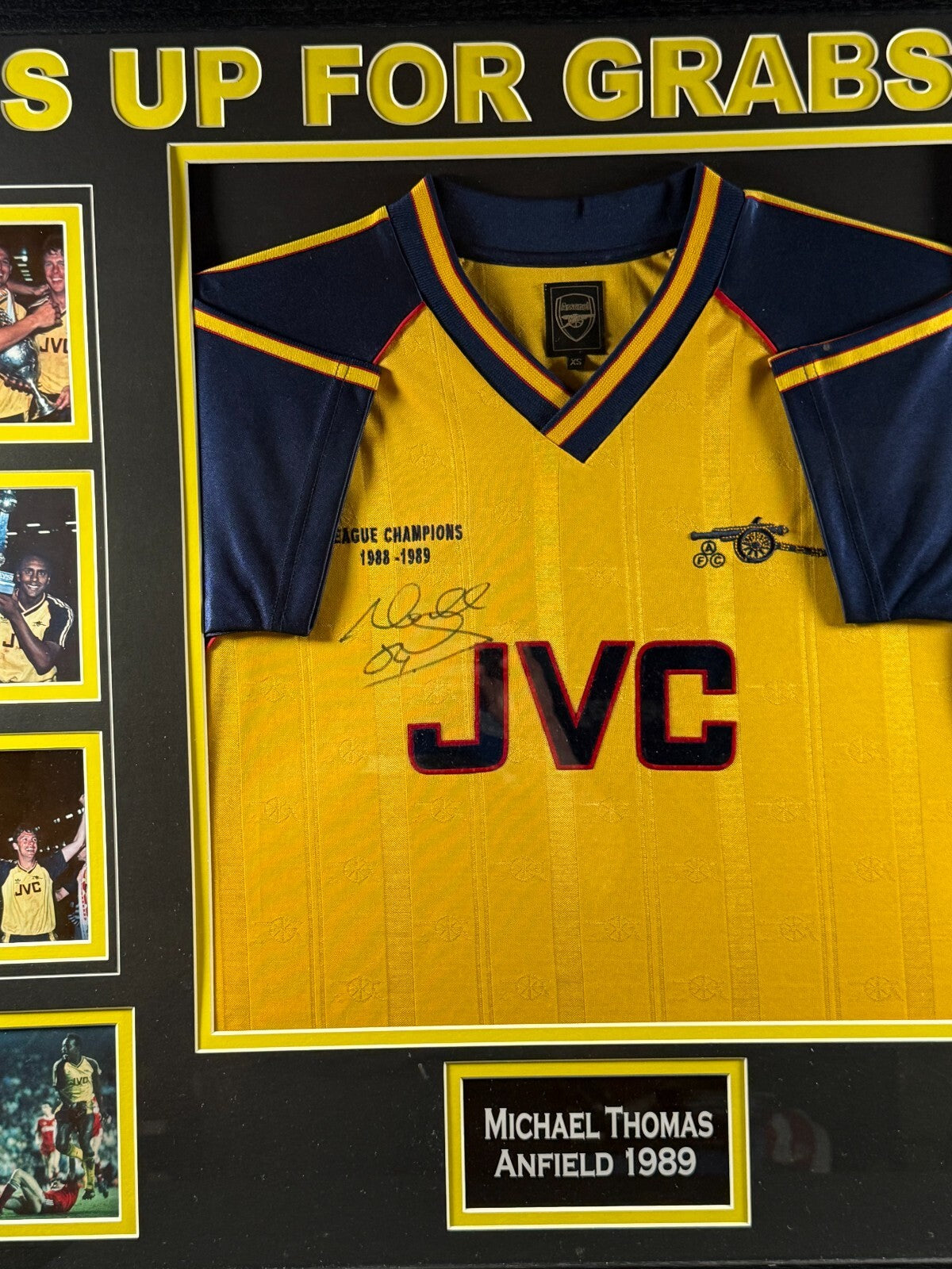 MICHAEL THOMAS SIGNED FRAMED SHIRT - ITS UP FOR GRABS NOW ANFIELD 1989