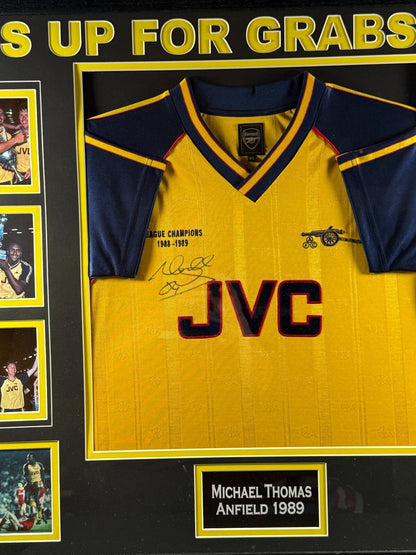 MICHAEL THOMAS SIGNED FRAMED SHIRT - ITS UP FOR GRABS NOW ANFIELD 1989