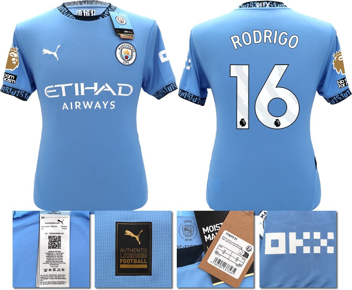 BNWT 24 25 MAN CITY PUMA HOME RODRIGO 16 + PATCHES FOOTBALL SHIRT MEN'S MEDIUM