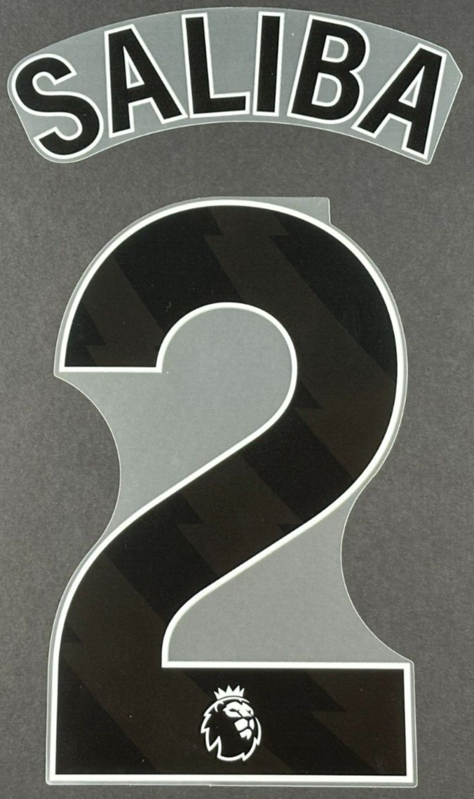 ARSENAL 2023/24 SALIBA 2 OFFICIAL AVERY DENNISON BLACK PLAYER SIZE NAME SET