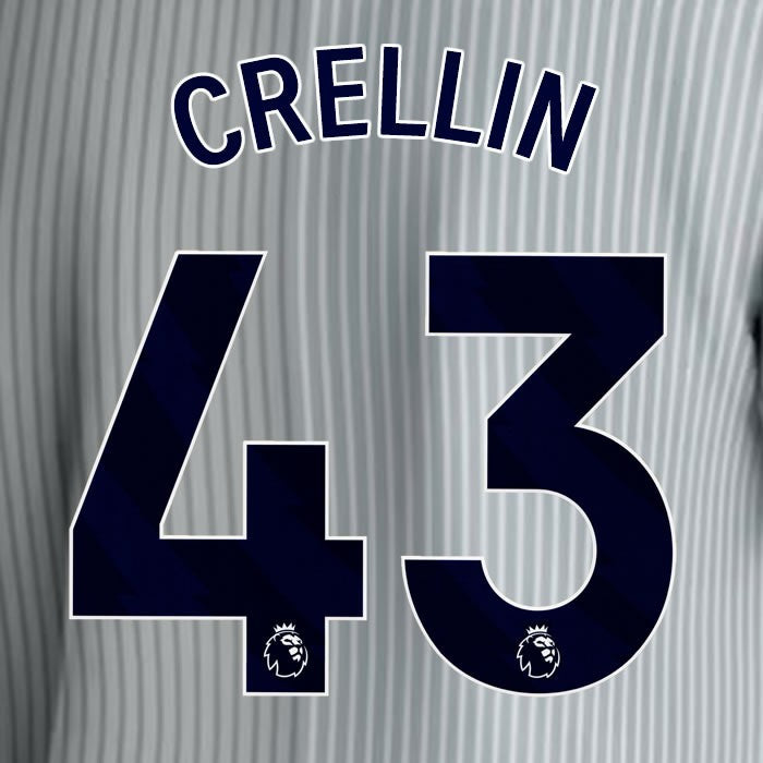 2023 2024 EVERTON CRELLIN 43 OFFICIAL BLUE 3RD PLAYER SIZE NAMESET