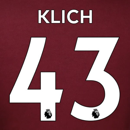 LEEDS UNITED 19-23 KLICH 43 OFFICIAL AVERY DENNISON WHITE PLAYER SIZE NAME SET