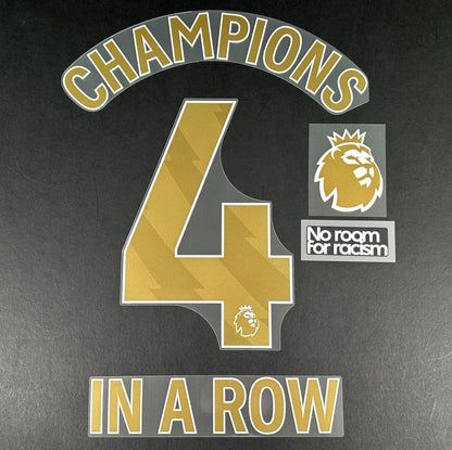 MAN CITY CHAMPIONS 4 IN A ROW + PATCHES 2024 OFFICIAL GOLD PLAYER SIZE NAME SET