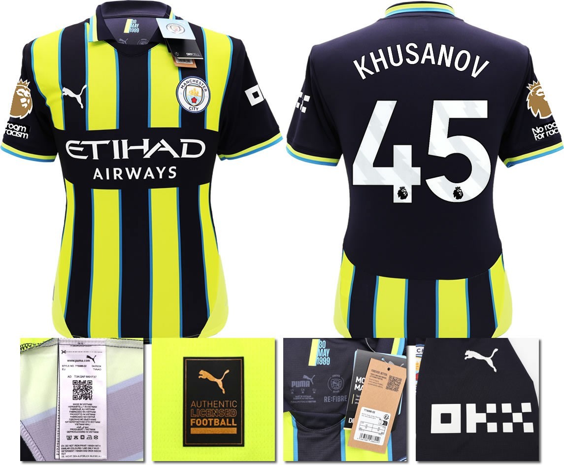 BNWT 24 25 MAN CITY PUMA AWAY KHUSANOV 45 + PATCHES FOOTBALL SHIRT MEN'S MEDIUM
