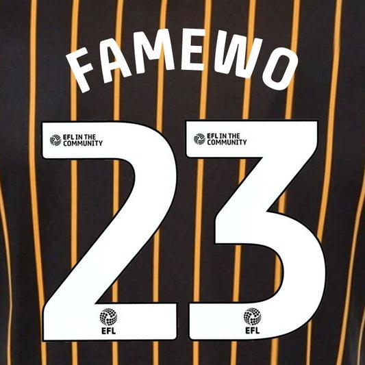 25 26 HULL CITY FAMEWO 23 OFFICIAL WHITE HOME PLAYER SIZE NAME SET 230MM