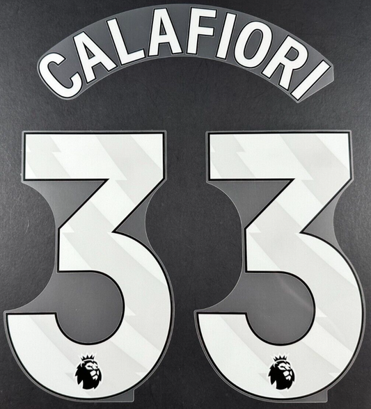 ARSENAL 2024/25 CALAFIORI 33 OFFICIAL AVERY DENNISON WHITE PLAYER SIZE NAME SET