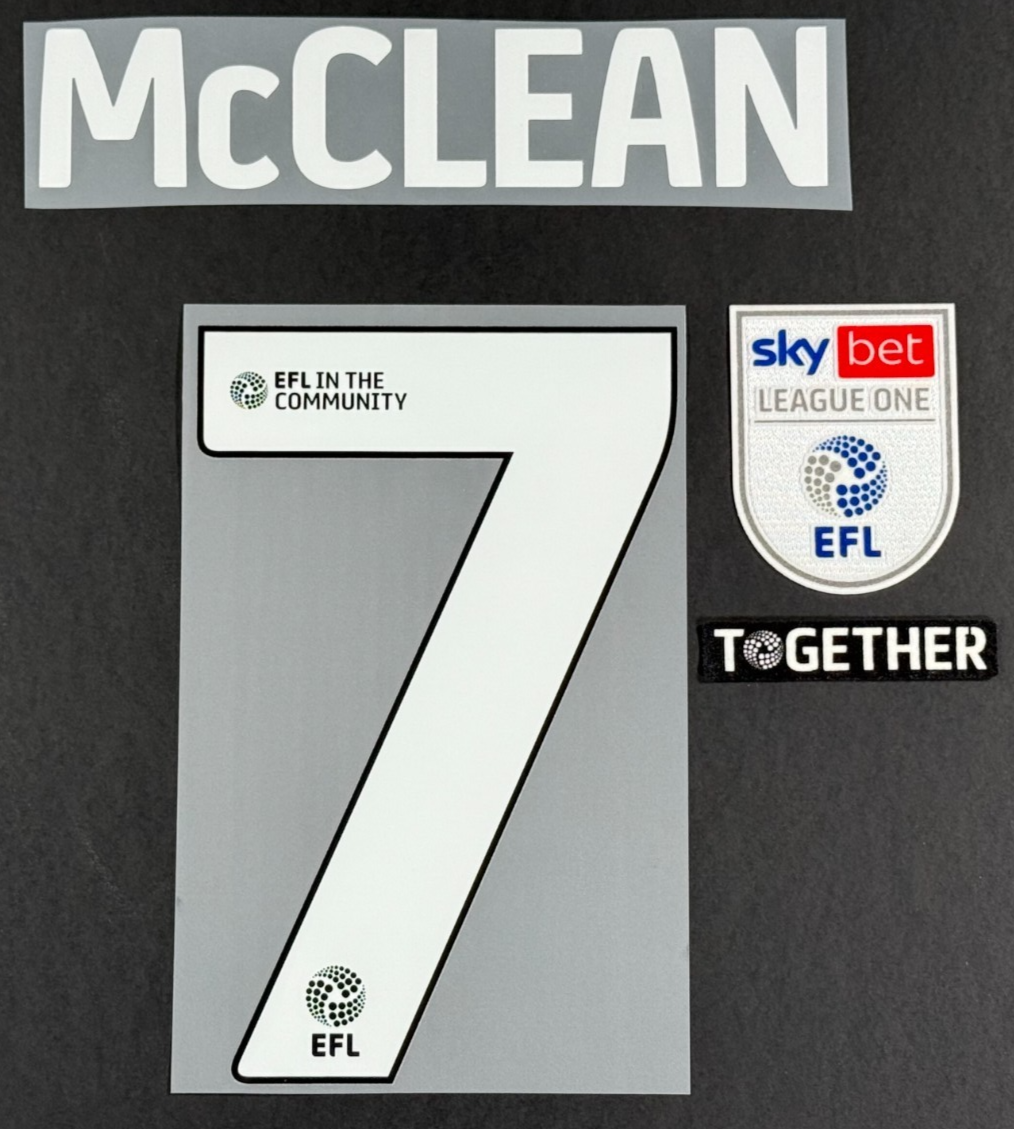 24/25 WREXHAM A.F.C  McCLEAN 7 OFFICIAL WHITE HOME PLAYER SIZE NAME SET & PATCHS