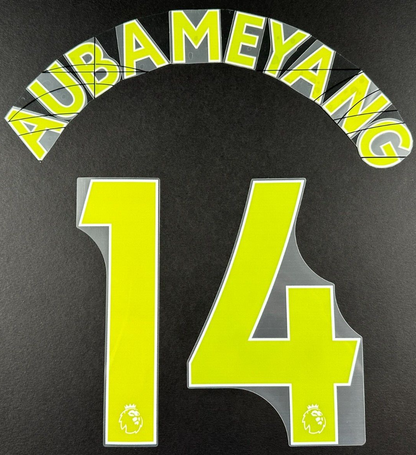 ARSENAL 19-23 AUBAMEYANG 14 OFFICIAL AVERY DENNISON YELLOW PLAYER SIZE NAME SET