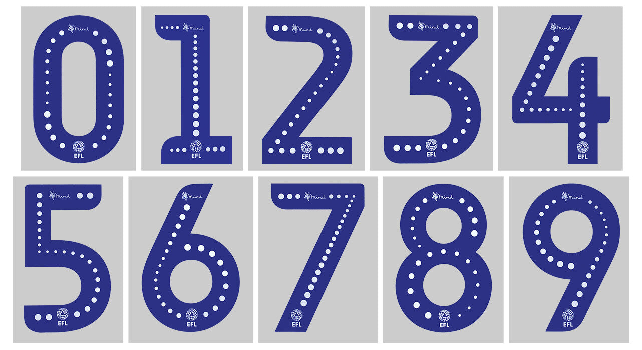 2019 2020 OFFICIAL EFL FOOTBALL LEAGUE BLUE PLAYER SIZE MIND SHIRT NUMBERS 230MM