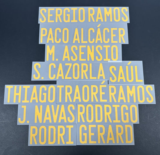 2020 2021 OFFICIAL DekoGraphics SPAIN HOME YELLOW PLAYER SIZE NAME BLOCKS