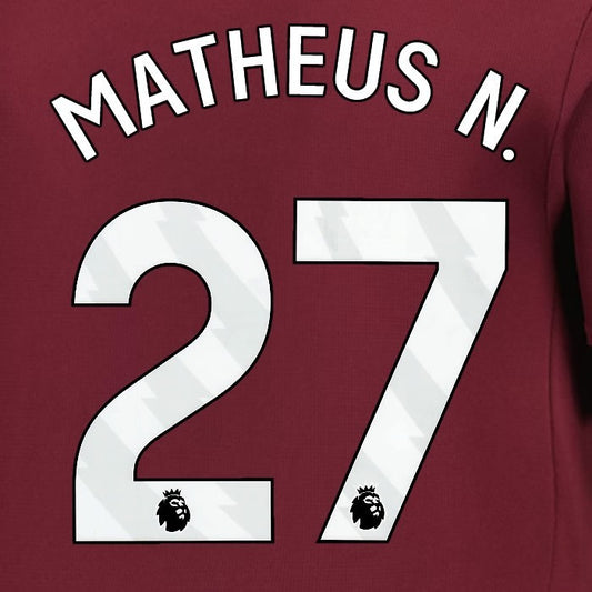 2024 2025 MANCHESTER CITY MATHEUS N. 27 WHITE 3RD PLAYER SIZE NAME SET