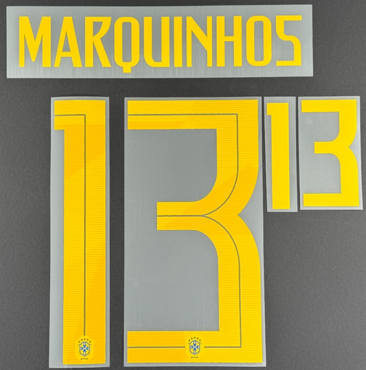 BRAZIL 2018 WORLD CUP OFFICIAL MARQUINHOS 13 AWAY PLAYER SIZE NAMESET 255MM