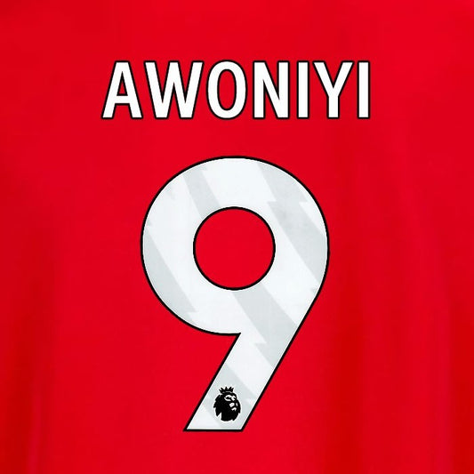 2025 2026 OFFICIAL NOTTINGHAM AWONIYI 9 WHITE HOME PLAYER SIZE NAMESET