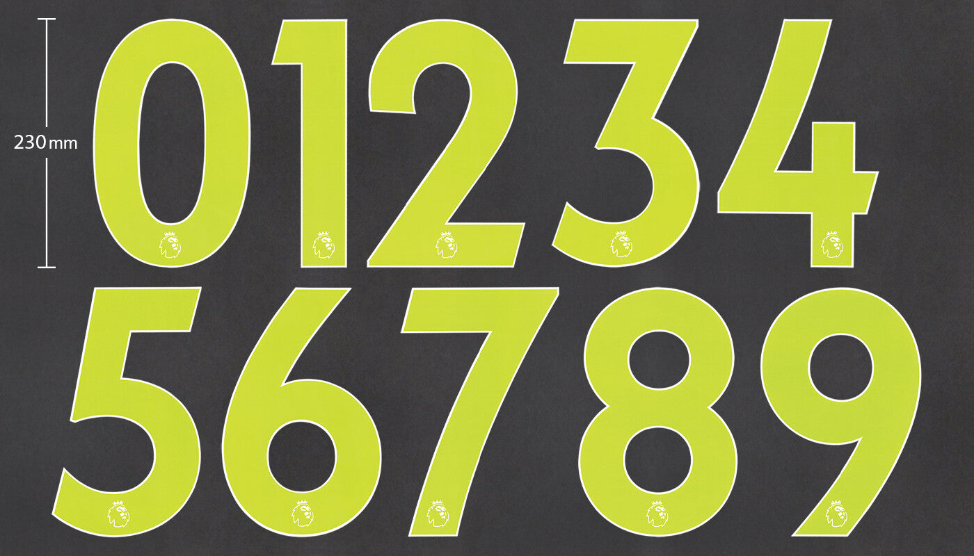 2019 - 2023 OFFICIAL AVERY DENNISON PREMIER LEAGUE YELLOW PLAYER SIZE NUMBERS