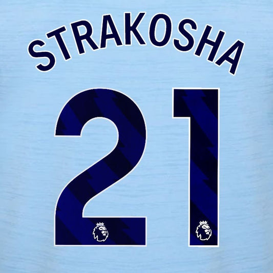 2023 2024 BRENTFORD STRAKOSHA 21 OFFICIAL BLUE AWAY PLAYER SIZE NAMESET