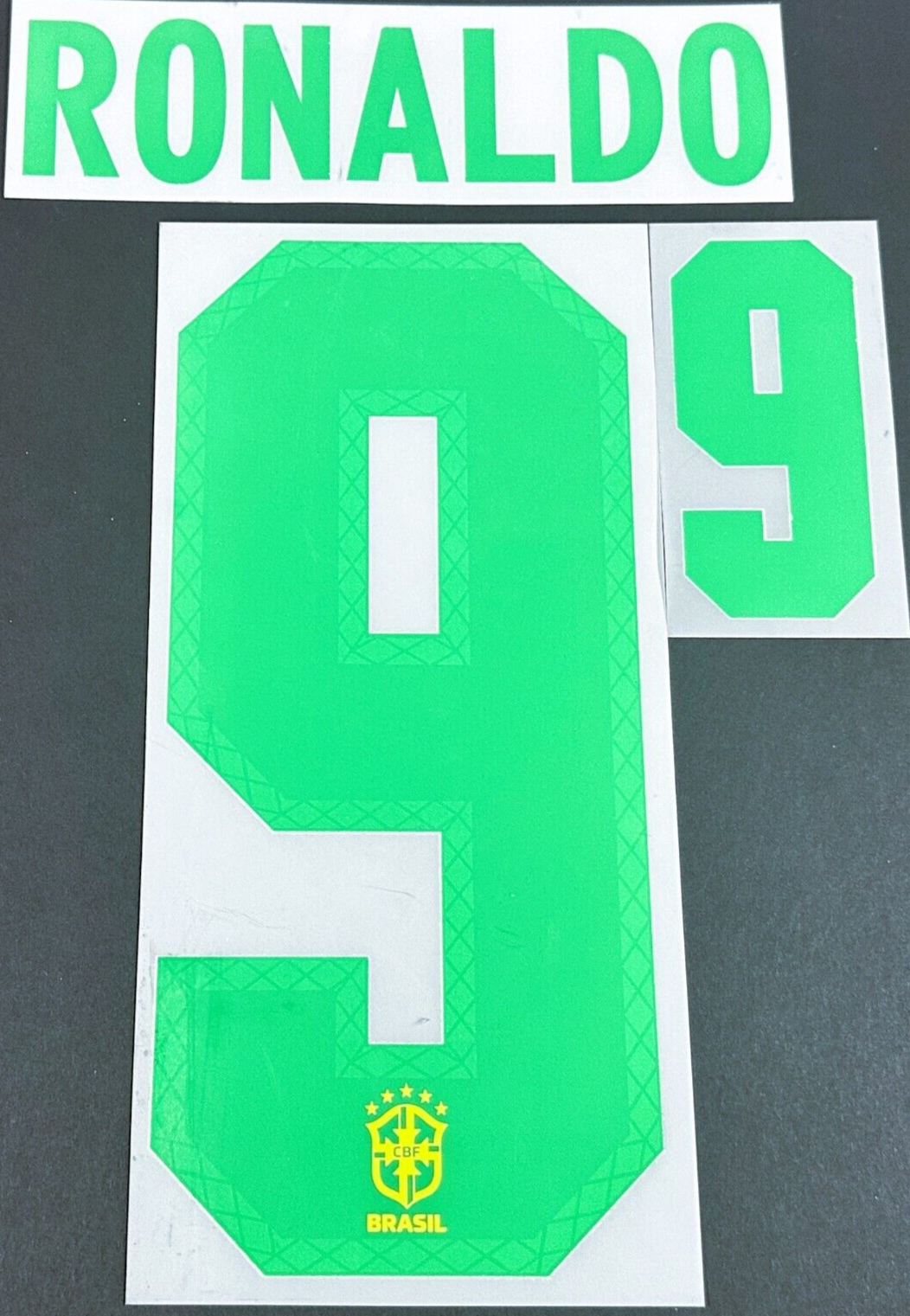 BRAZIL 2020 2021 OFFICIAL RONALDO 9 HOME PLAYER SIZE NAMESET - 260MM
