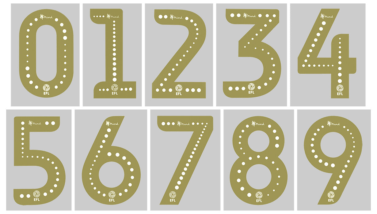 2019 2020 OFFICIAL EFL FOOTBALL LEAGUE GOLD PLAYER SIZE MIND SHIRT NUMBERS 230mm