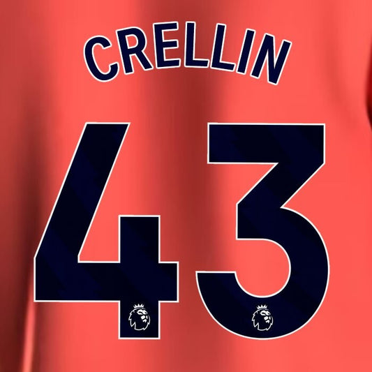 2023 2024 EVERTON CRELLIN 43 OFFICIAL BLUE AWAY PLAYER SIZE NAMESET