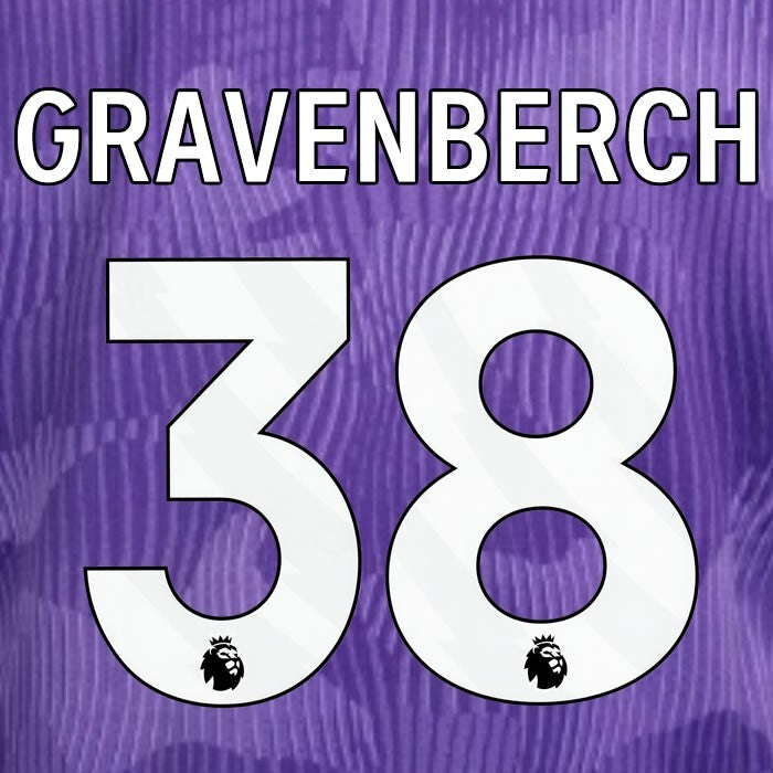 2023 2024 OFFICIAL LIVERPOOL GRAVENBERCH 38 WHITE 3RD PLAYER SIZE NAMESET