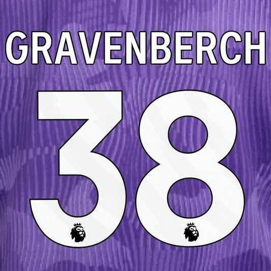 2023 2024 OFFICIAL LIVERPOOL GRAVENBERCH 38 WHITE 3RD PLAYER SIZE NAMESET