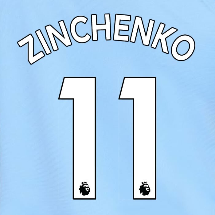 MAN CITY 2019-23 ZINCHENKO 11 OFFICIAL AVERY DENNISON WHITE PLAYER SIZE NAME SET