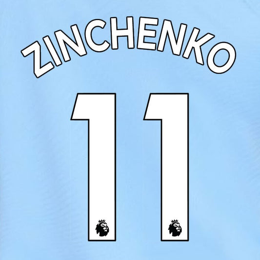 MAN CITY 2019-23 ZINCHENKO 11 OFFICIAL AVERY DENNISON WHITE PLAYER SIZE NAME SET