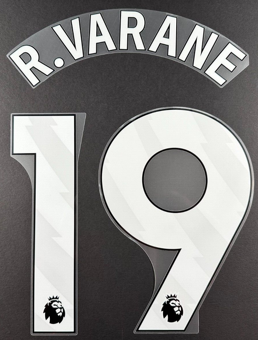 MAN UTD 23 - 25 R. VARANE 19 OFFICIAL AVERY DENNISON WHITE PLAYER SIZE NAME SET