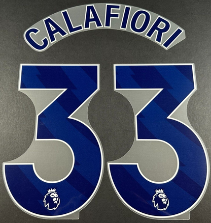 ARSENAL 2024/25 CALAFIORI 33 OFFICIAL AVERY DENNISON BLUE PLAYER SIZE NAME SET