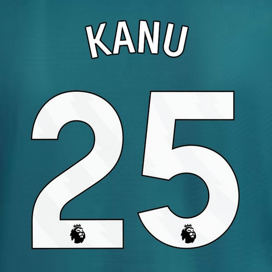 2023 2024 ARSENAL KANU 25 WHITE 3RD OFFICIAL PLAYER SIZE NAME SET