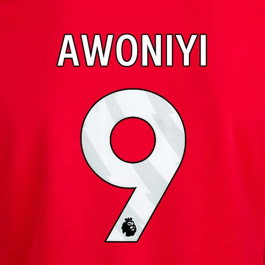 2024 2025 OFFICIAL NOTTINGHAM AWONIYI 9 WHITE HOME PLAYER SIZE NAMESET