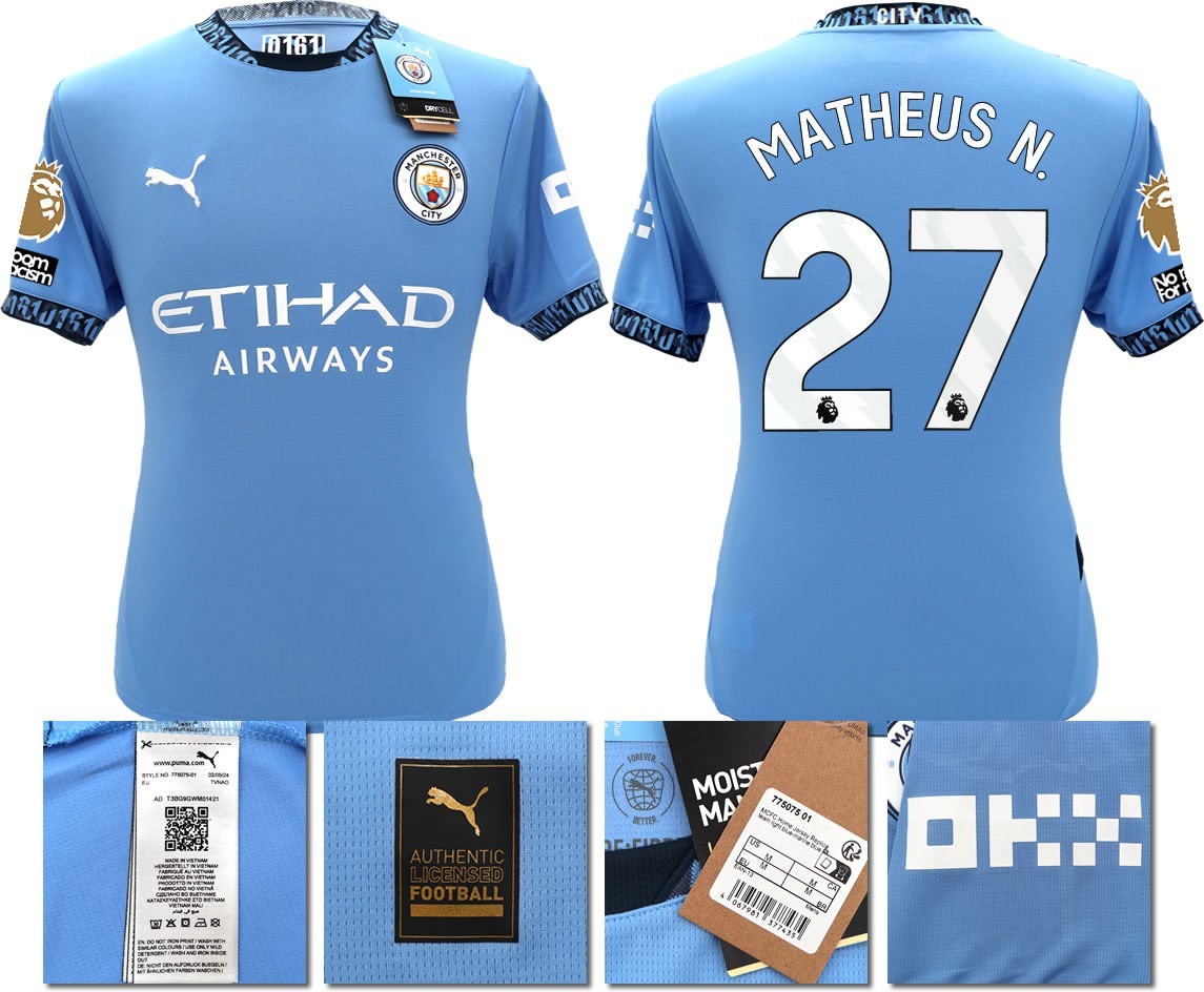 BNWT 24 25 MAN CITY PUMA HOME MATHEUS N. 27+ PATCHES FOOTBALL SHIRT MEN'S LARGE
