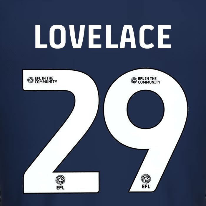 25 26 MILLWALL LOVELACE 29 OFFICIAL WHITE HOME PLAYER SIZE NAME SET 230MM