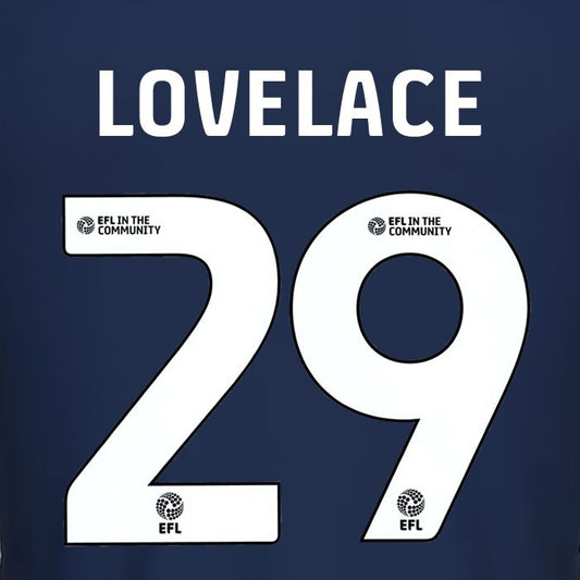 25 26 MILLWALL LOVELACE 29 OFFICIAL WHITE HOME PLAYER SIZE NAME SET 230MM