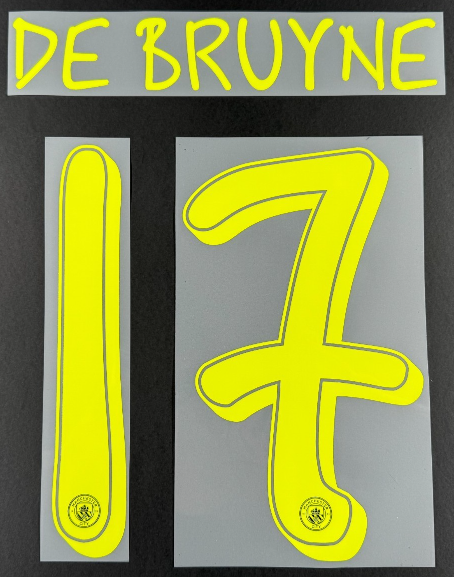 MAN CITY 24/25 DE BRUYNE 17 OFFICIAL UCL AWAY YELLOW PLAYER SIZE NAME SET 265MM