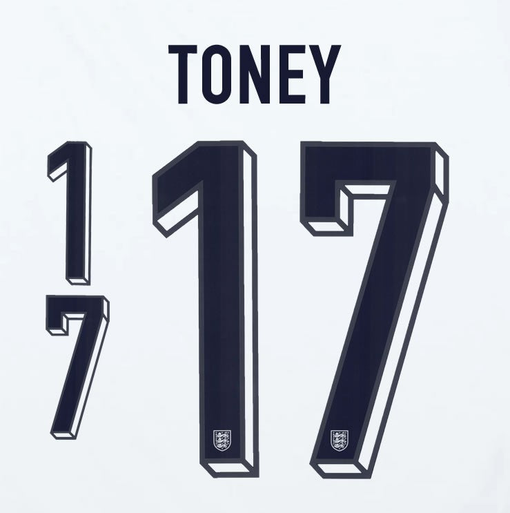 2024 2025 OFFICIAL ENGLAND TONEY 17 HOME PLAYER SIZE NAME SET