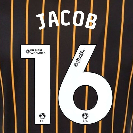 25 26 HULL CITY JACOB 16 OFFICIAL WHITE HOME PLAYER SIZE NAME SET 230MM
