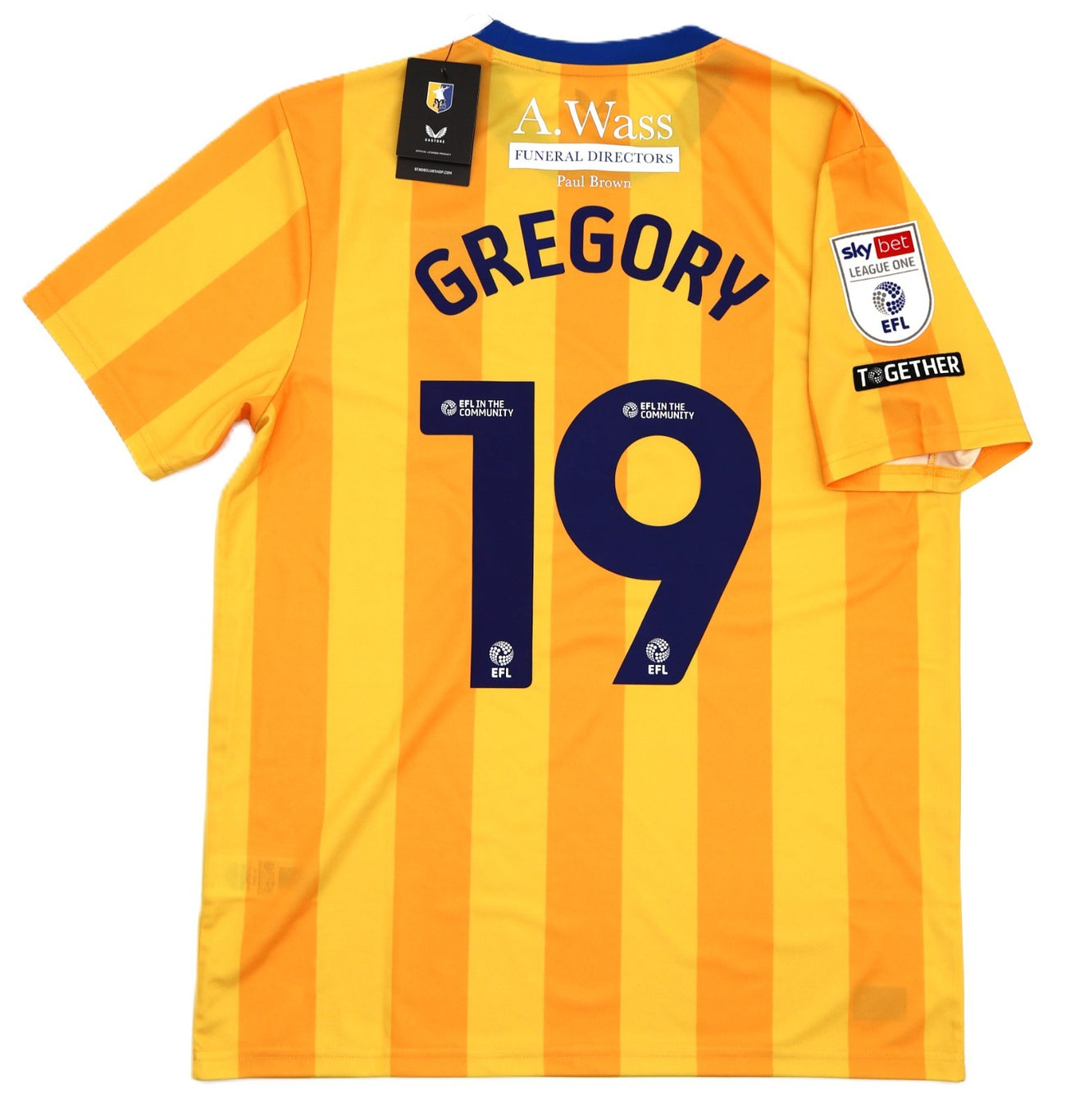 BNWT MANSFIELD TOWN CASTORE AWAY 2024 2025 GREGORY 19 + PATCHES SHIRT MENS LARGE
