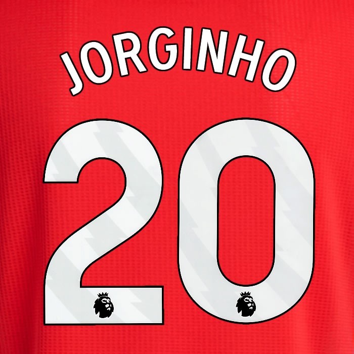 2024 2025 ARSENAL JORGINHO 20 WHITE HOME OFFICIAL PLAYER SIZE NAMESET