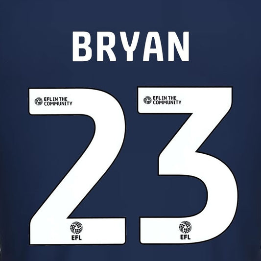 25 26 MILLWALL BRYAN 23 OFFICIAL WHITE HOME PLAYER SIZE NAME SET 230MM