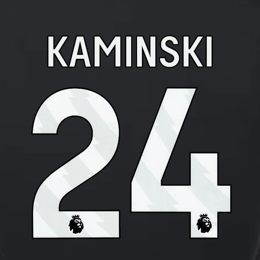 2023 2024 LUTON TOWN OFFICIAL KAMINSKI 24 WHITE 3RD PLAYER SIZE NAMESET