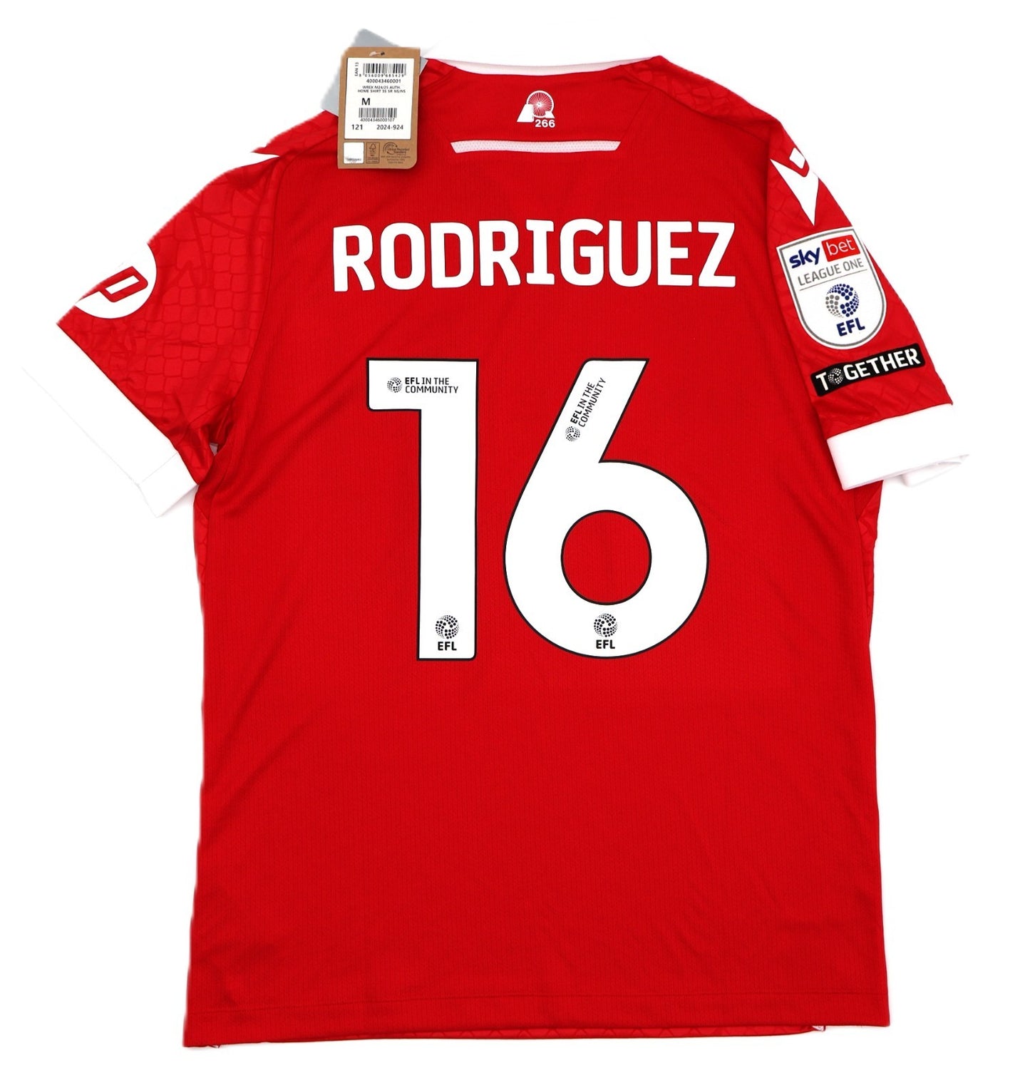 BNWT 2024 2025 WREXHAM A.F.C MACRON HOME SHIRT RODRIGUEZ 16 + PATCHES / MEDIUM